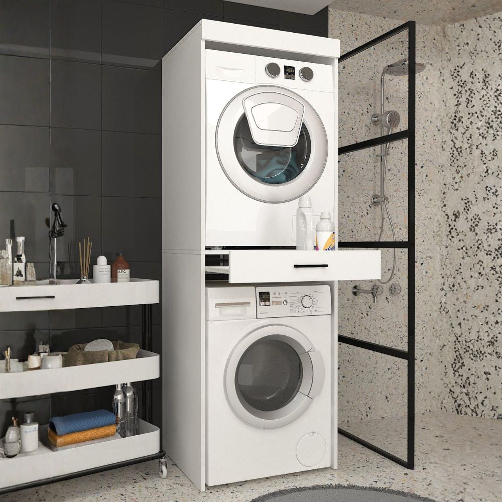 Colonna bucato coprilavatrice e copriasciugatrice con cassetto appoggio colore bianco Fika