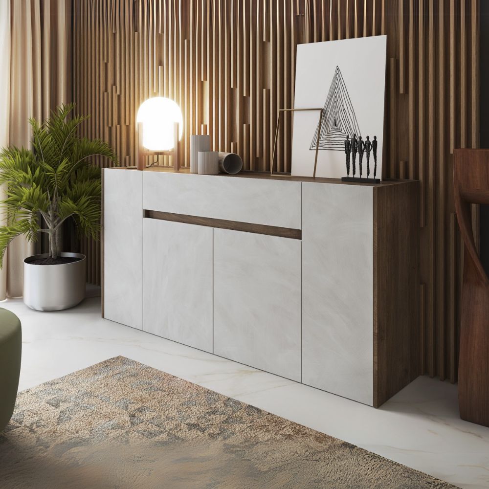 Madia con 4 ante e 1 cassetto colore noce e bianco spatolato 170x85H cm - Solke