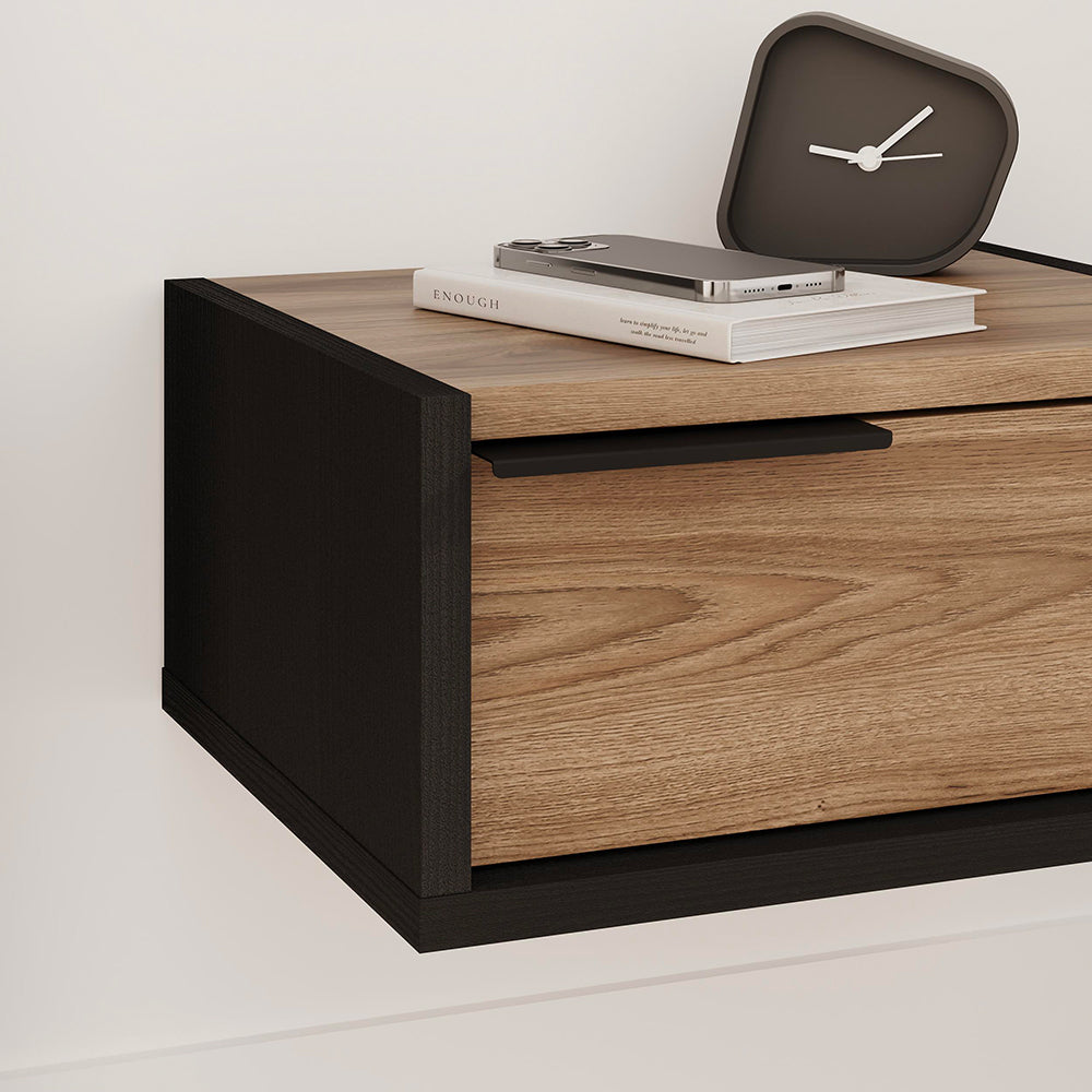 Comodino sospeso con cassetto 40 cm nero e rovere oud con maniglia reversibile Eco