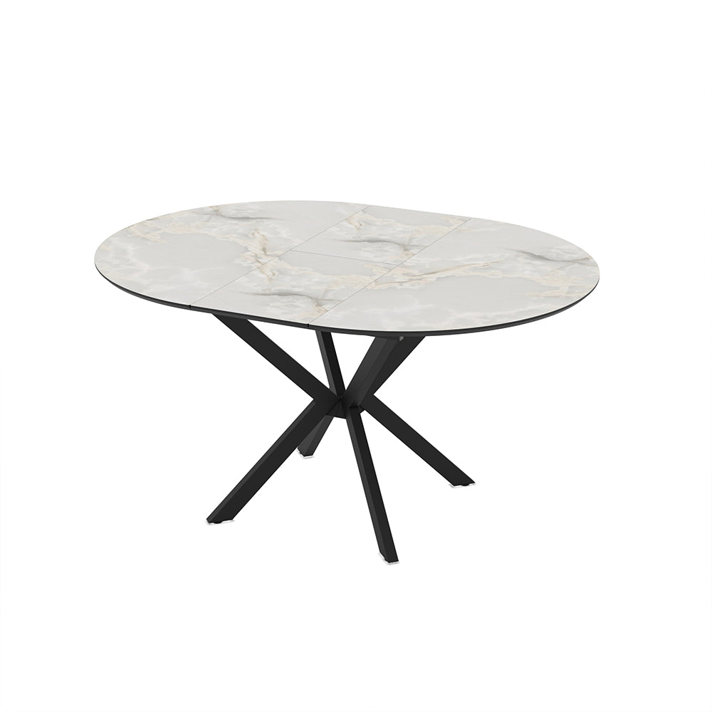Tavolo rotondo allungabile effetto marmo bianco mola con gambe nere in metallo 110x110x76H Diano