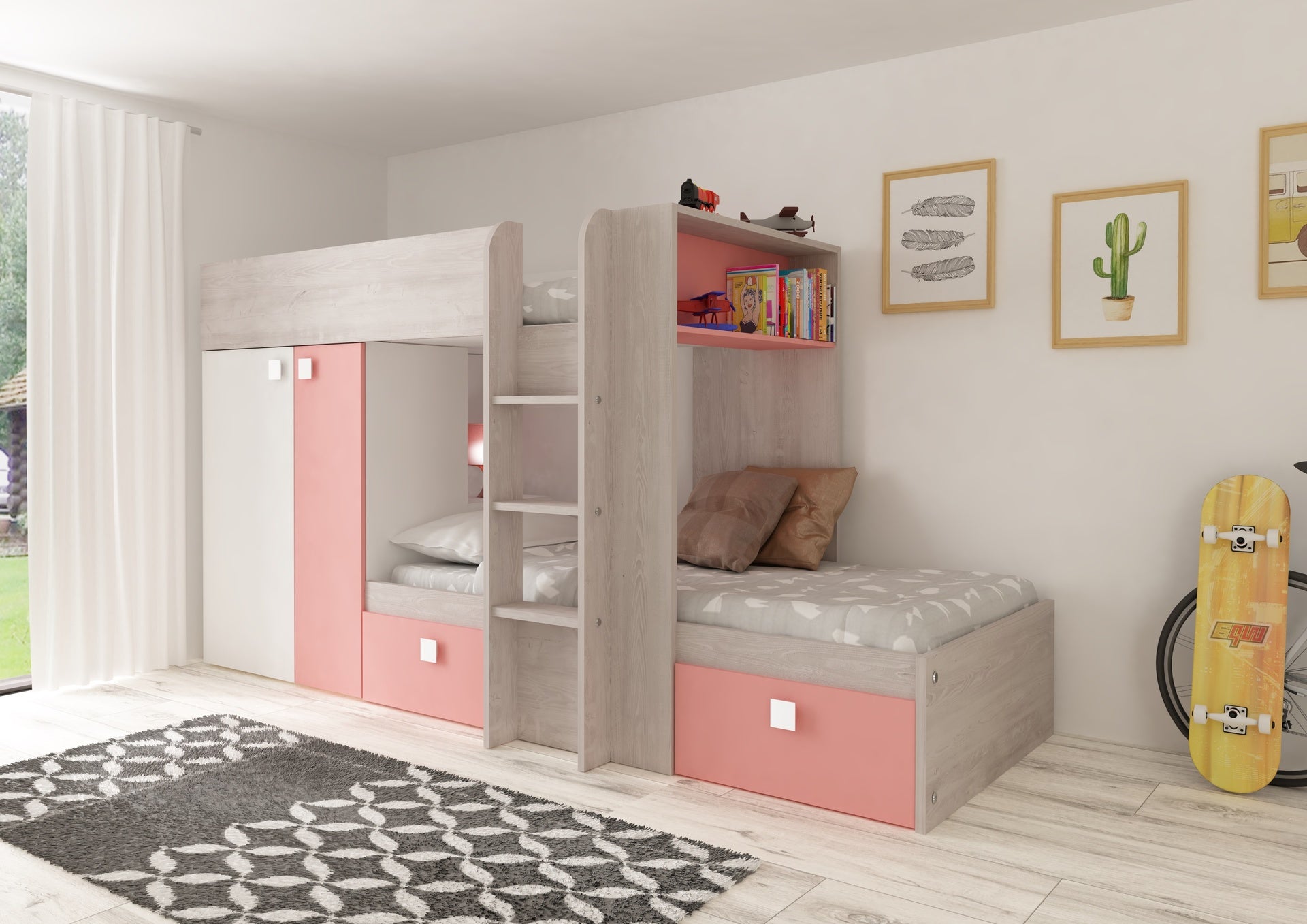 Letto a castello Bunky per due bambini con cassetti e armadio colore bianco consumato e rosa flamingo