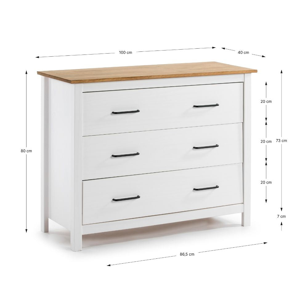 Commode en bois massif coloris blanc et pin 100x40x80H cm - Miranda