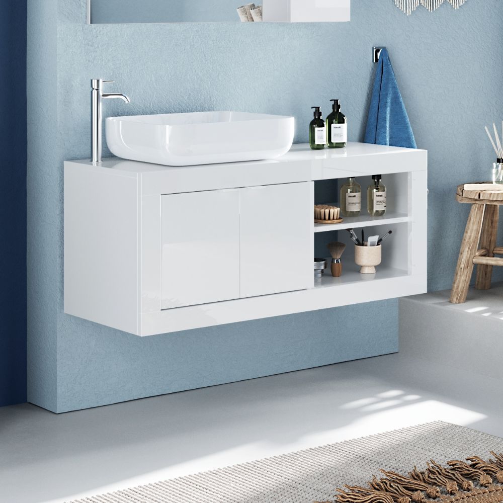 Meuble de salle de bain suspendu avec lavabo coloris blanc brillant 92x47H cm - Bax