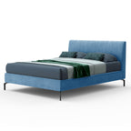 Letto matrimoniale colore blu con contenitore e testiera con cuciture verticali - Aki