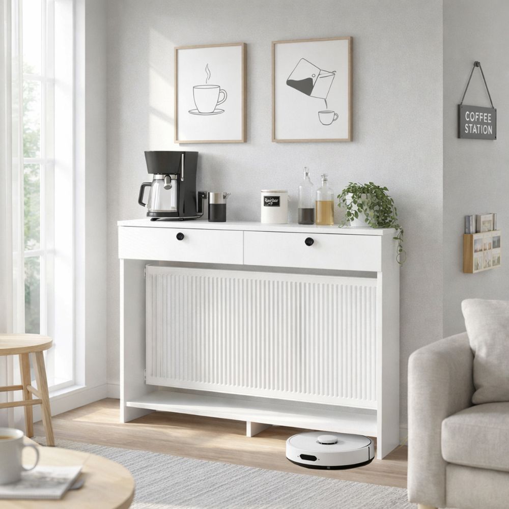 CONSOLE CACHE RADIATEUR OPELYA 130 CM AVEC DEUX TIROIRS COULEUR BLANC