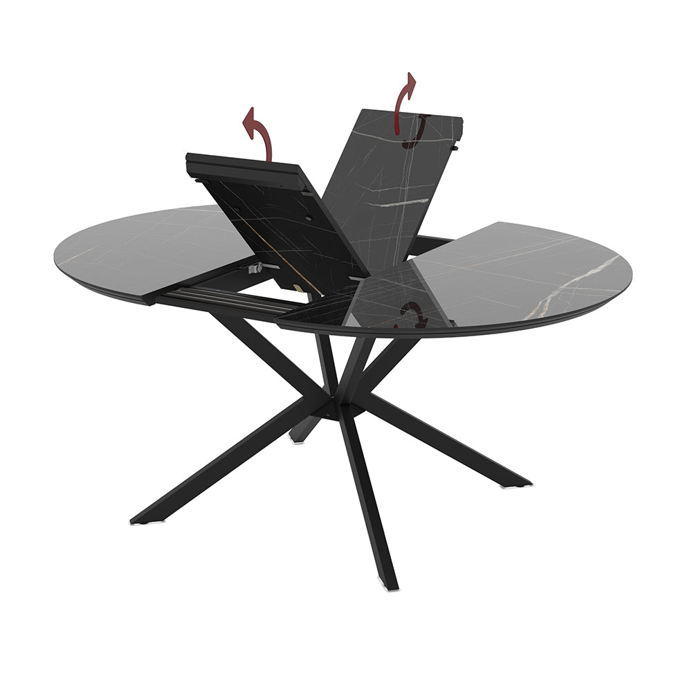 Tavolo rotondo allungabile piano effetto marmo nero con dettagli oro lucido 126x126x76H Dobok