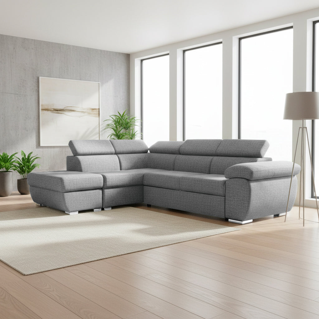 Divano letto angolare con penisola sinistra e pouf contenitore grigio Fiona