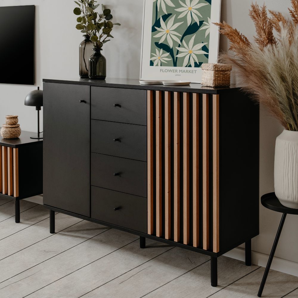 Madia con 2 ante e 4 cassetti colore nero con listelli rovere 118x90H cm - Bresso