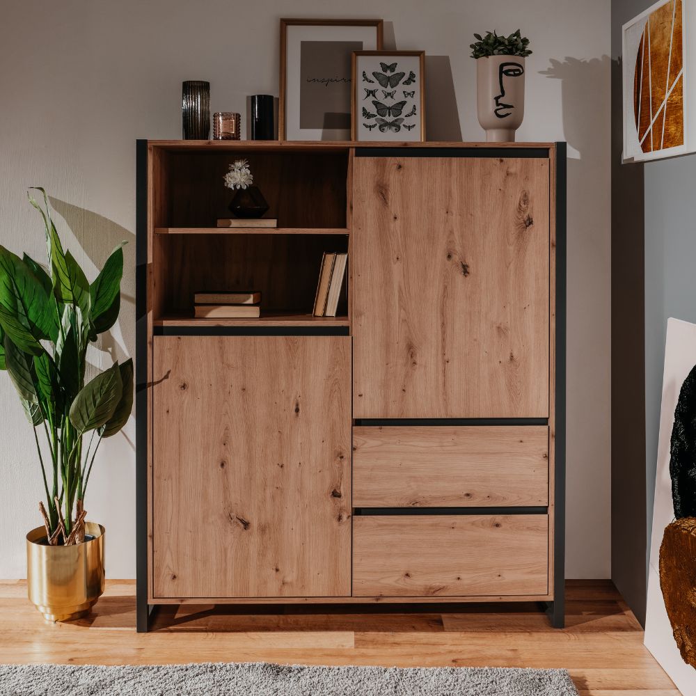 Bahut 120x140h cm avec portes et tiroirs couleur chêne et anthracite - Denver 51