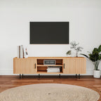 Mobile porta tv con ante scorrevoli listellate e vani a giorno colore rovere oak 160x40x45H Kajsa56b