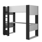 Chambre avec lit mezzanine et bureau en dessous, coloris blanc et anthracite