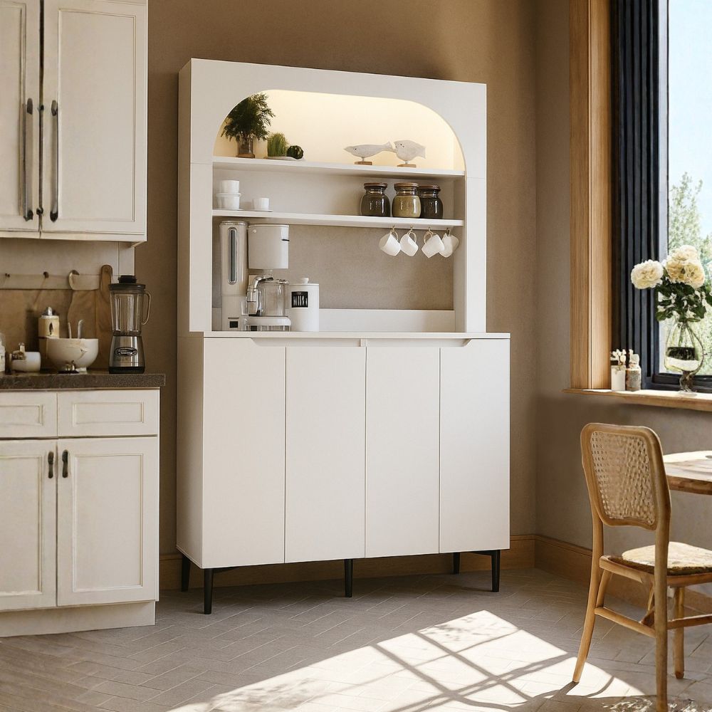 Credenza 4 ante, mensole a giorno e angolo caffè colore bianco Melinta