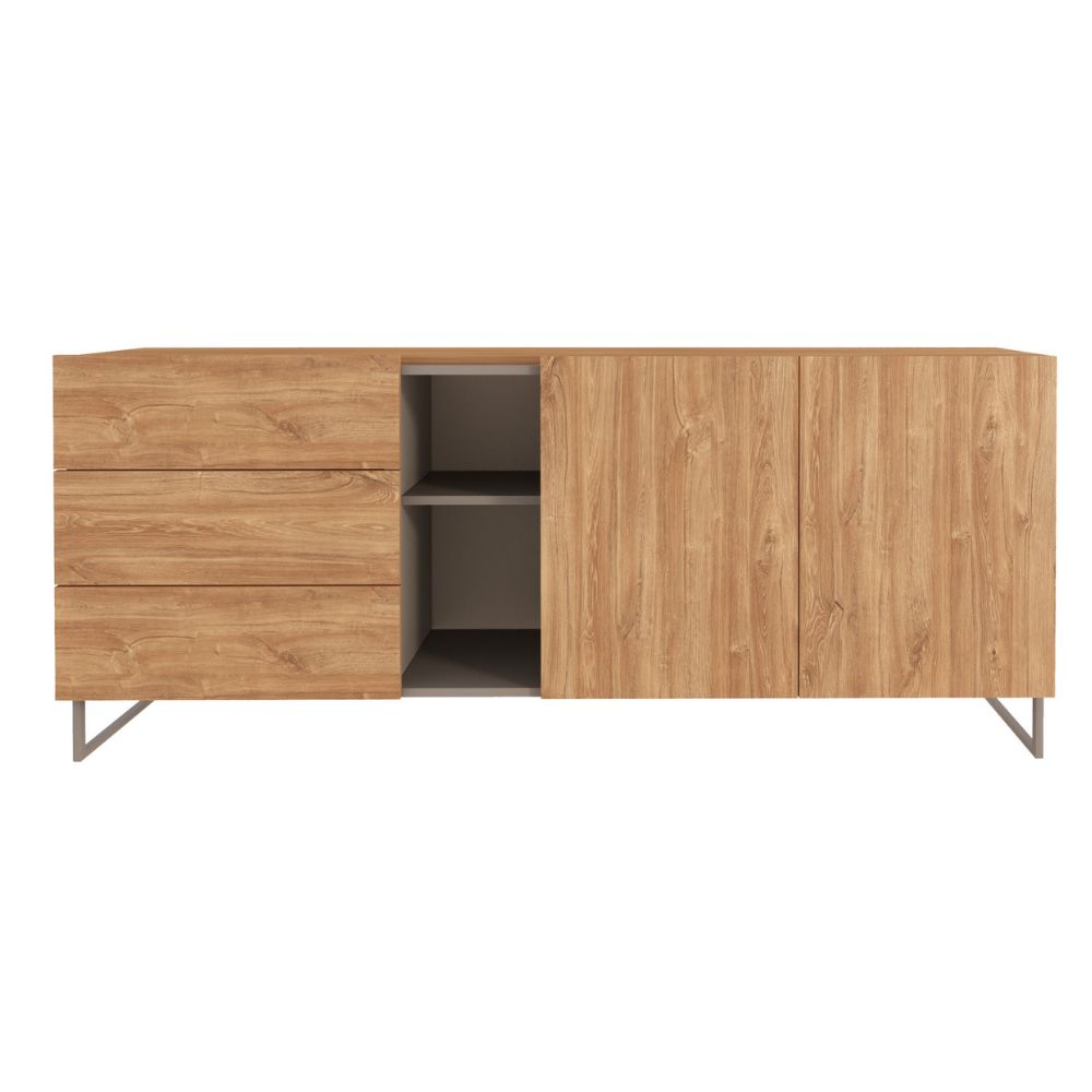 Buffet 1055 couleur chêne miel avec 3 tiroirs, 2 portes et une niche ouverte taupe 175x38x73.6H