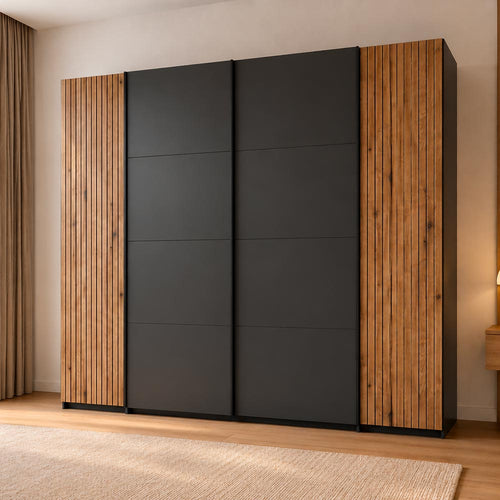 Armadio 4 ante con 2 scorrevoli, 2 battenti e dettagli listellati antracite e rovere evoque 270 cm Esteban624