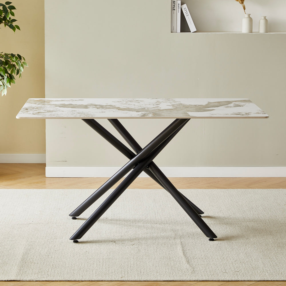 Tavolo con piano in ceramica effetto marmo bianco pandora brown lucido e gambe in metallo nero 140x80x76H Linus2358