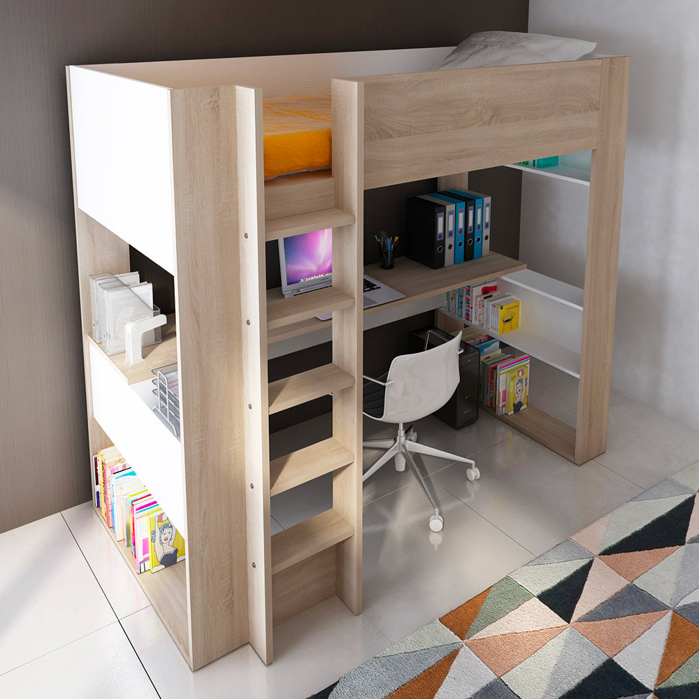 Chambre d'enfant avec lit mezzanine et bureau intégré blanc et chêne