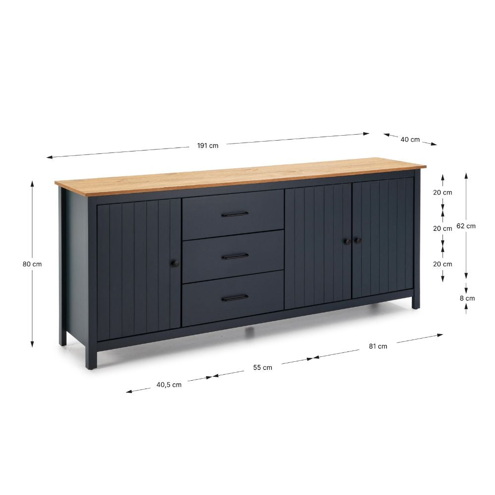 Credenza in legno massiccio colore blu e pino 191x40x80H Miranda