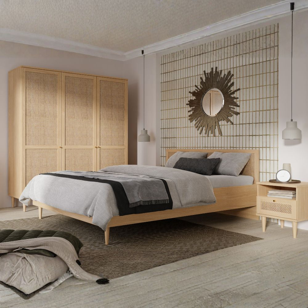 Letto matrimoniale con testiera effetto rattan colore rovere Livia