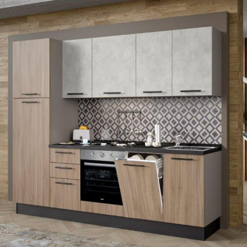 Moderne Küche mit Elektrogeräten 255 cm Nussbaum hell und Spachteloptik – Licola