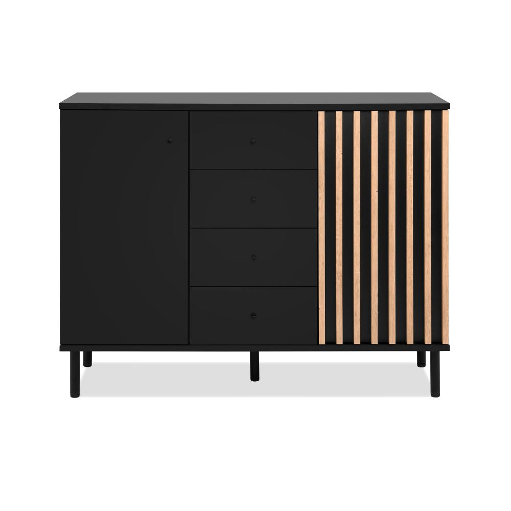 Madia con 2 ante e 4 cassetti colore nero con listelli rovere 118x90H cm - Bresso