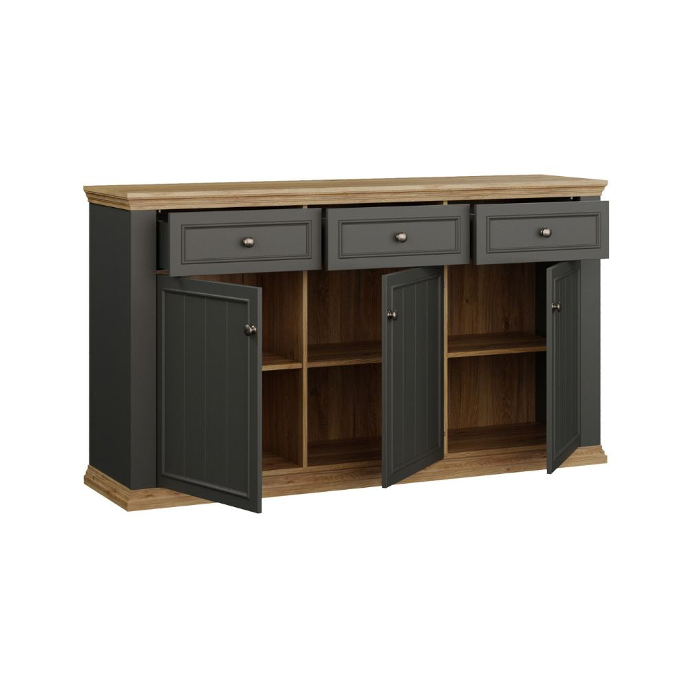 PNTK232-Q243 SIDEBOARD ESSENZA MIT 3 SCHUBLADEN UND 3 TÜREN FARBE DUNKELGRAU UND EICHE