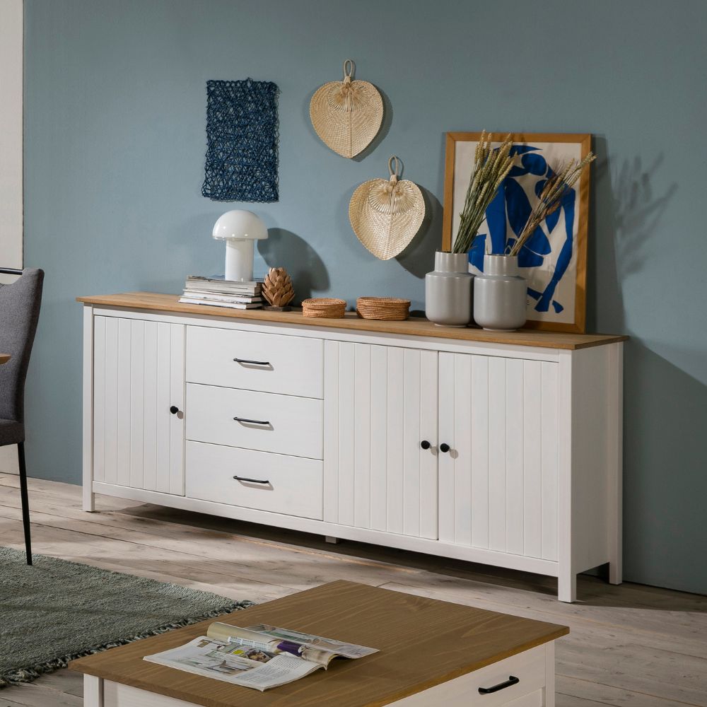 Buffet en bois massif avec 3 portes et 3 tiroirs coloris blanc et pin 191x40x80H cm - Vanda