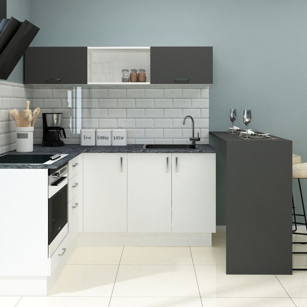 Cuisine d'angle avec presqu'île réversible coloris blanc et noir 180x160 cm - Matera