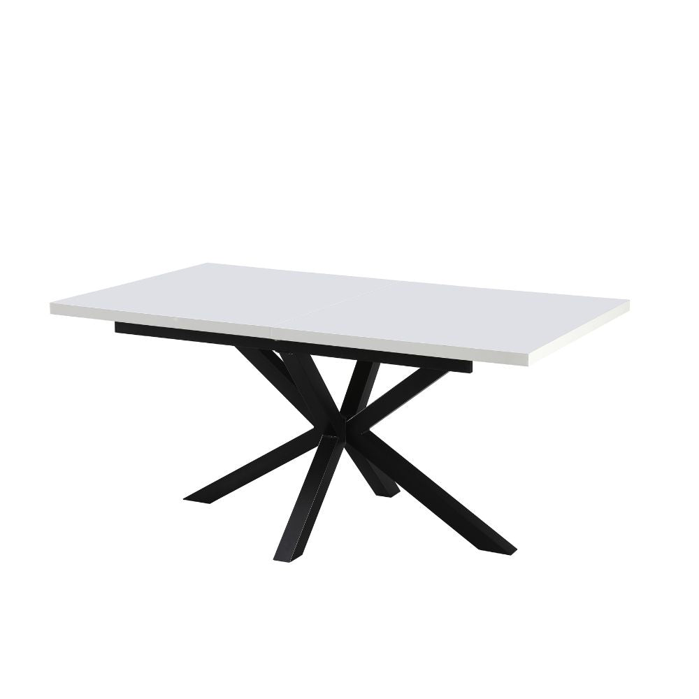 Ausziehbarer Tisch mit weißer Tischplatte und schwarzen Beinen 160x90 cm – Mirk