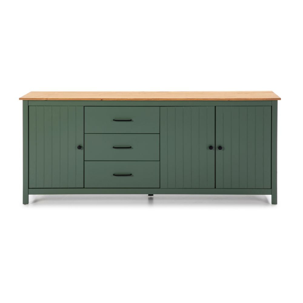 Credenza in legno massiccio con 3 ante e 3 cassetti colore verde e pino 191x40x80H cm - Vanda