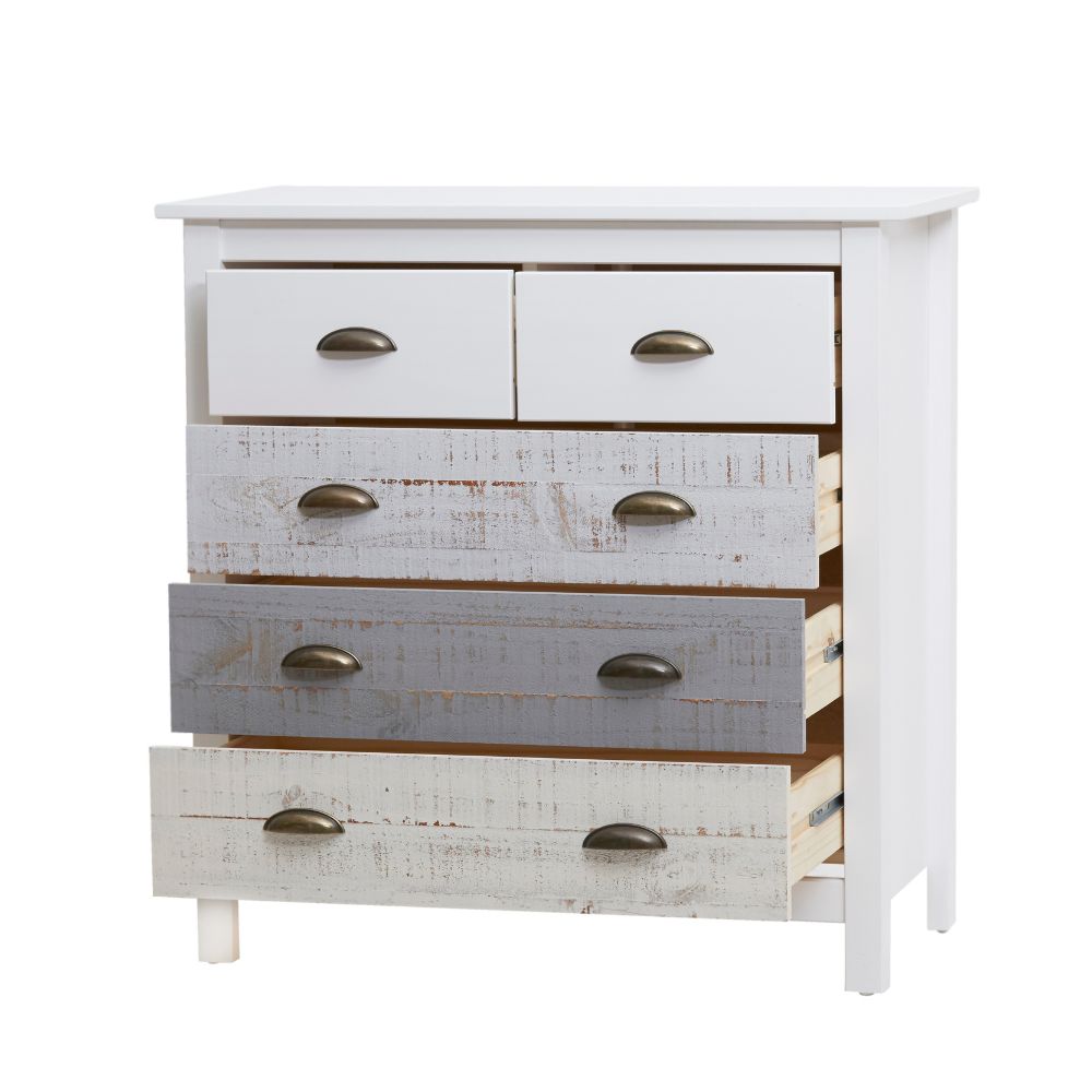 Comò in legno massiccio con 5 cassetti colore bianco grigio e crema 79x40x80H cm - Romantica