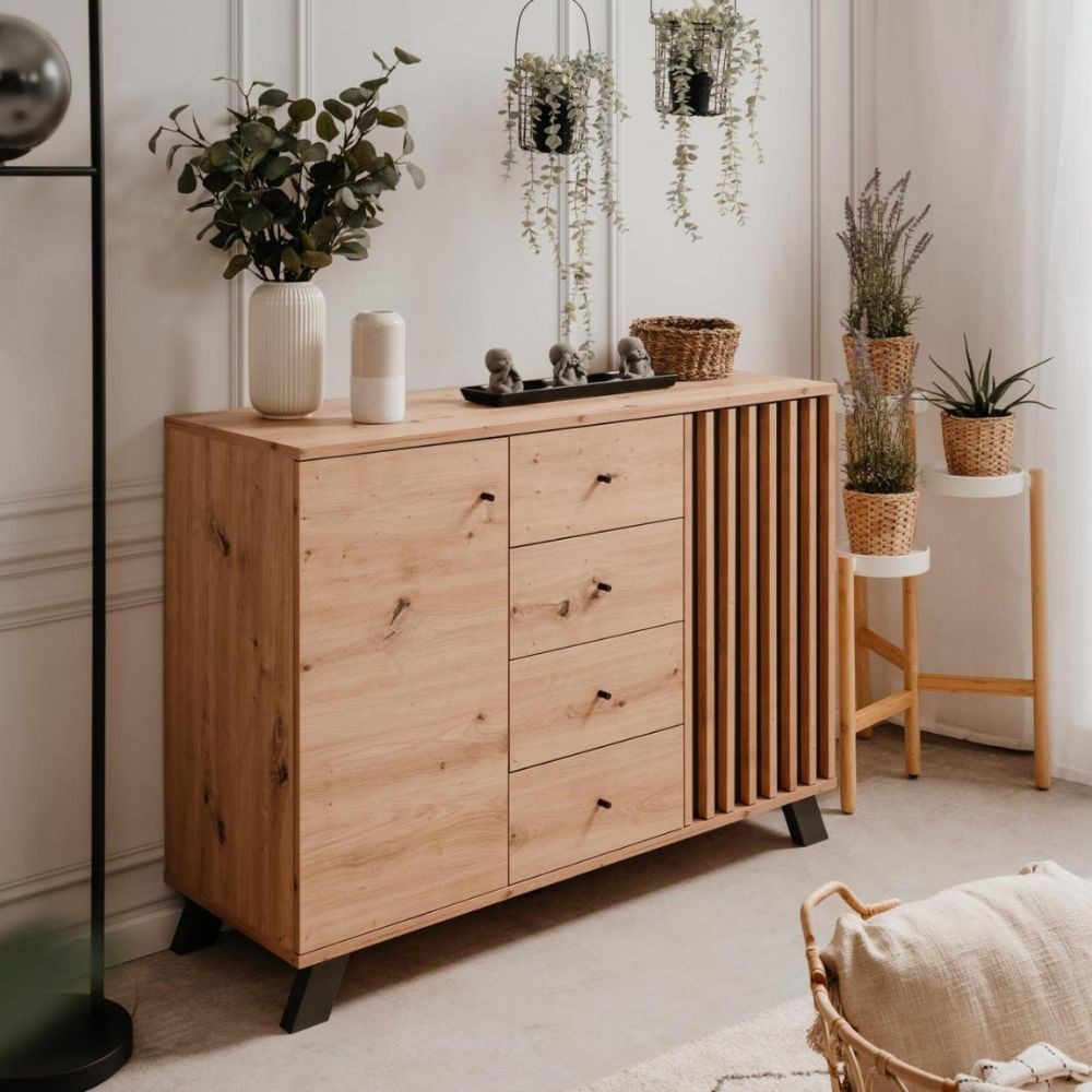 Madia 118 cm in legno con 2 ante e 4 cassetti colore rovere e antracite - Medan