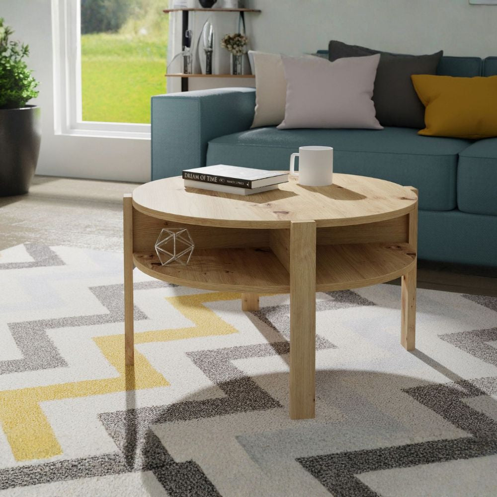 Tavolino da salotto rotondo 74 cm con ripiano inferiore colore rovere Aura