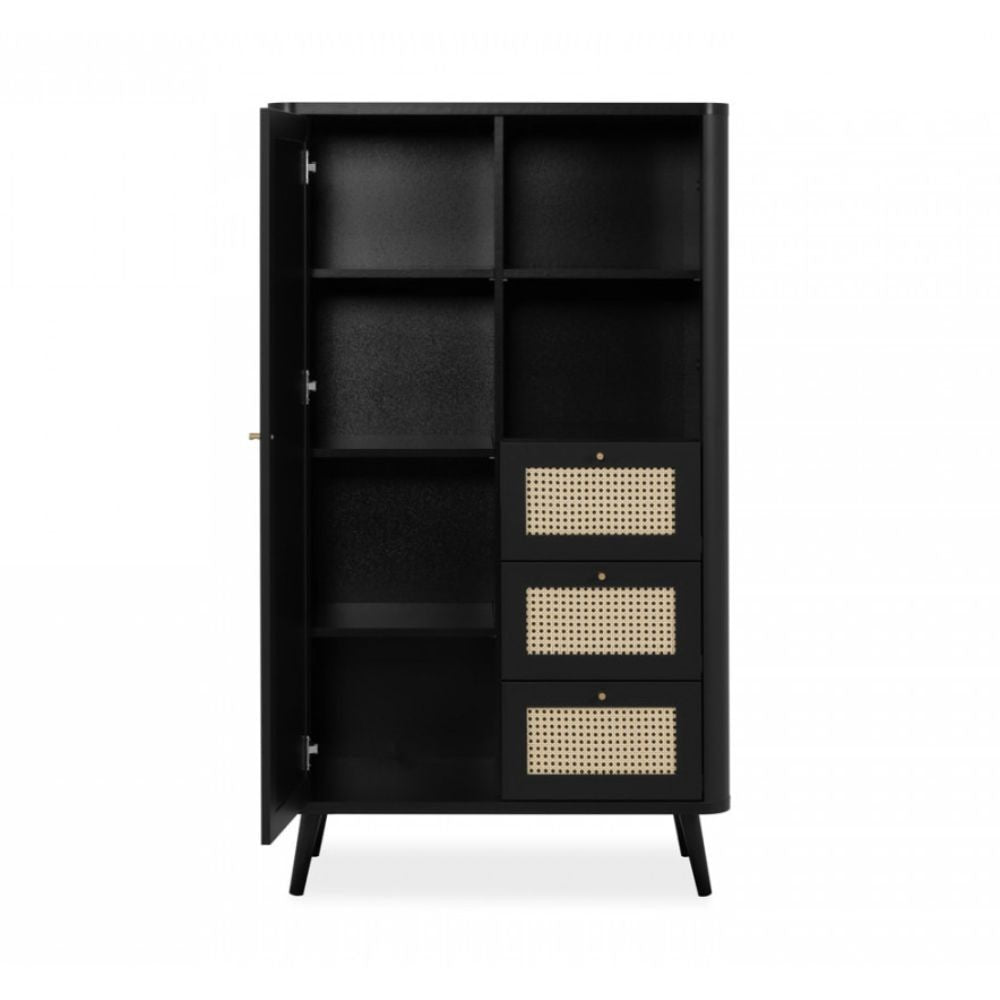 Credenza 180x141h cm con 3 cassetti e anta effetto rafia colore nera - KUTA53