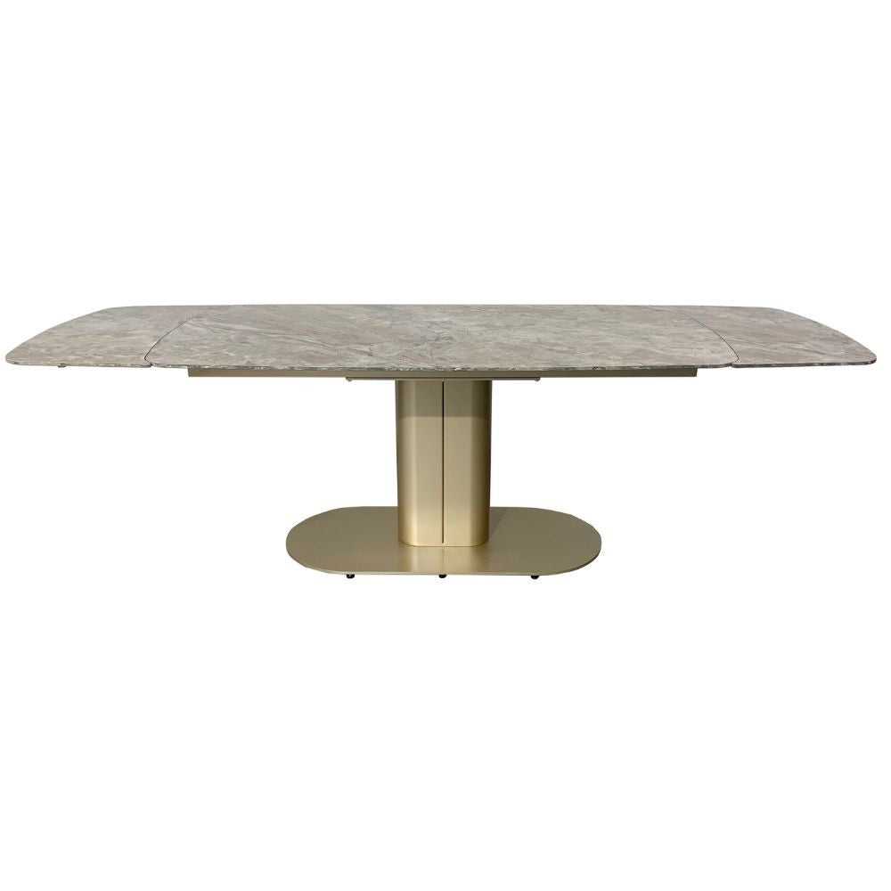 Tavolo allungabile Vesta con top in ceramica colore marrone atene lucido e gambe dorate