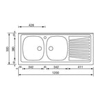 Lavello appoggio in acciaio inox 2 vasche e gocciolatoio destro 120x50 cm - Mondy