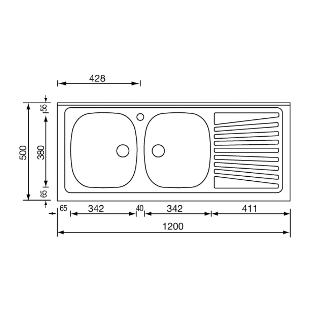 Lavello appoggio in acciaio inox 2 vasche e gocciolatoio destro 120x50 cm - Mondy