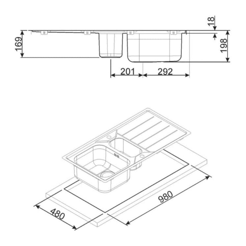 Lavello incasso 2 vasche e gocciolatoio reversibile 100x50 - Smeg LFB112