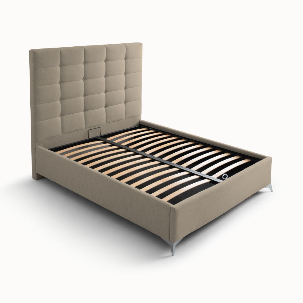 Letto matrimoniale contenitore con testiera alta in tessuto colore cappuccino - NapoliGrande