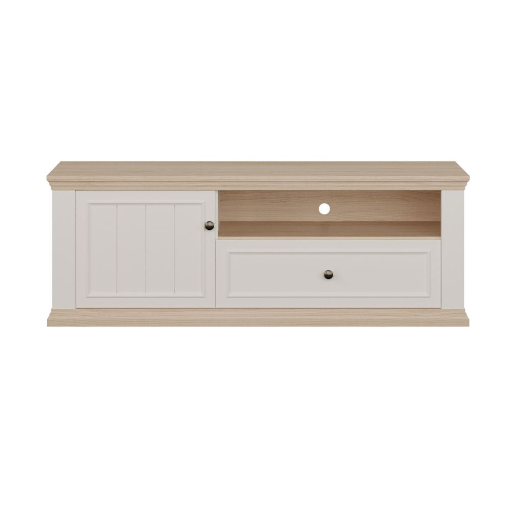 Porta Tv con anta, cassetto e vano a giorno 150 cm colore bianco e rovere Essenza