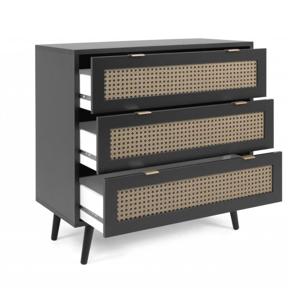 Cassettiera 80x80h cm con 3 cassetti colore nera con frontali vimini - Vienna03A