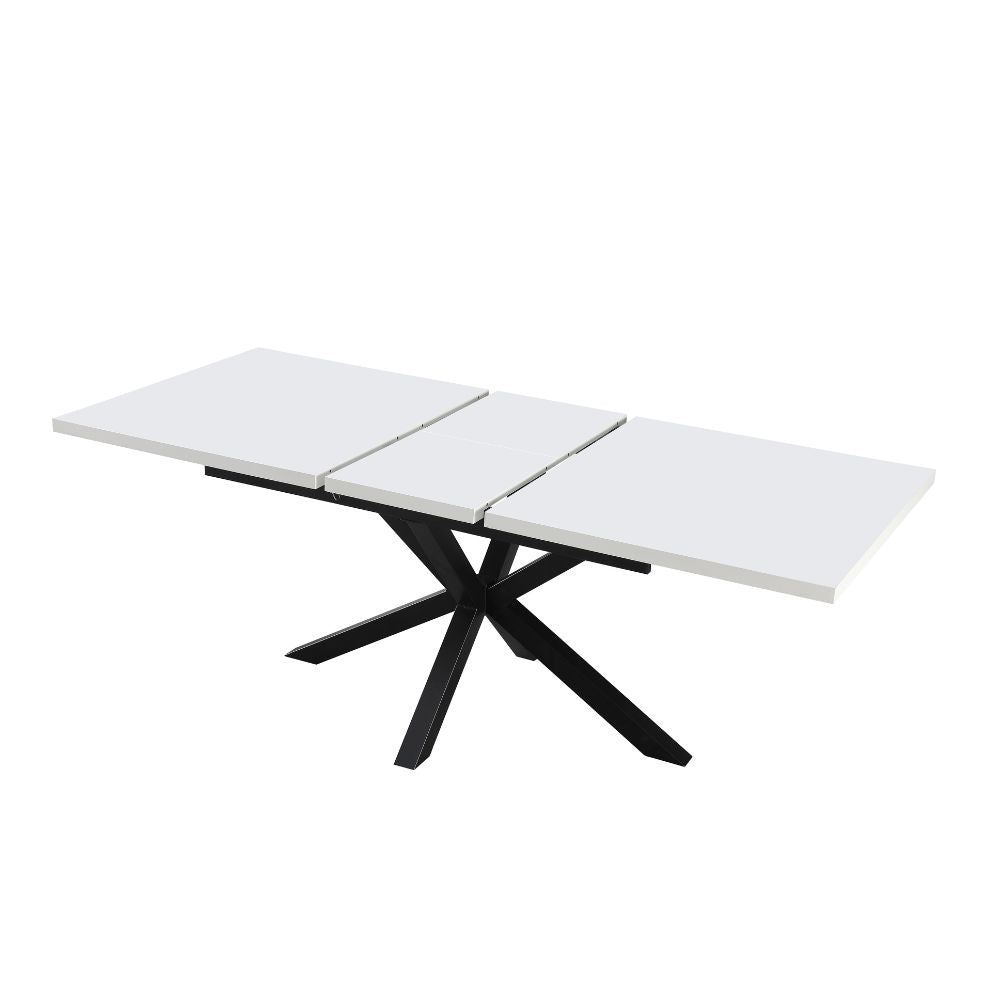 Ausziehbarer Tisch mit weißer Tischplatte und schwarzen Beinen 160x90 cm – Mirk