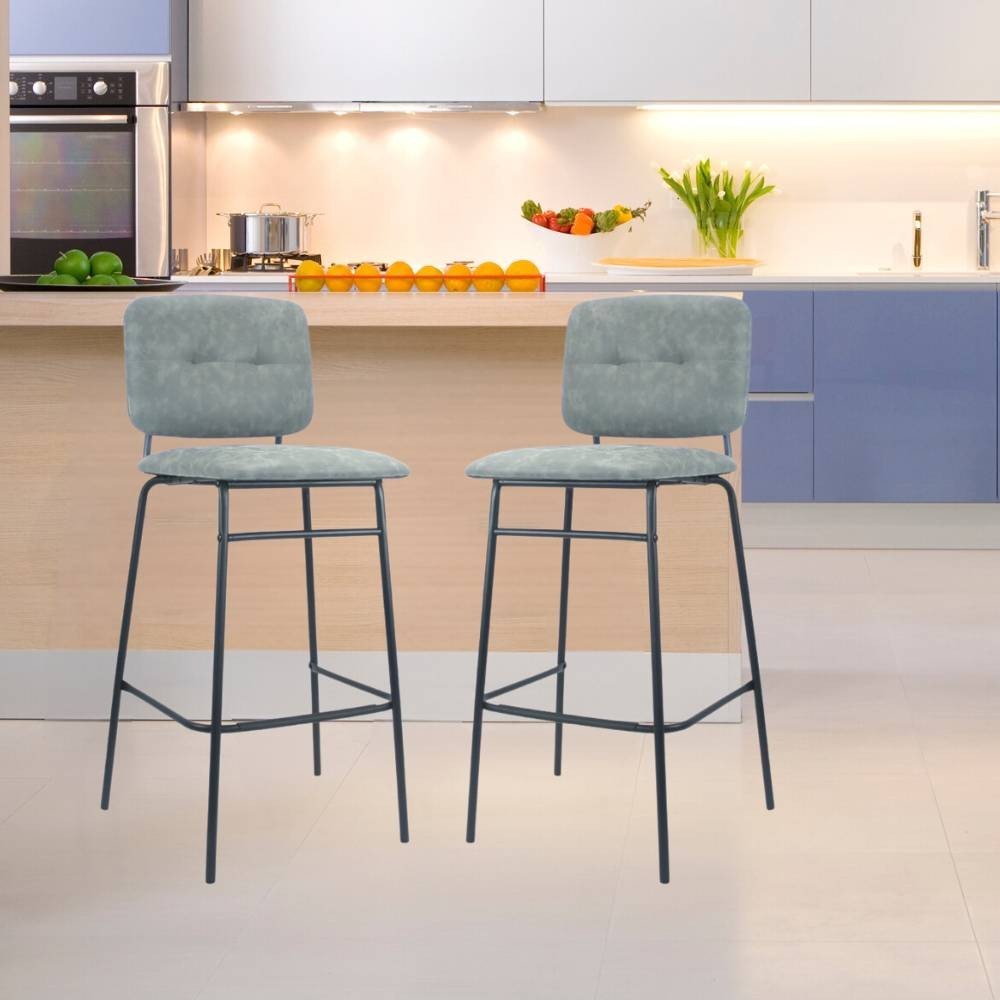 Hocker mit Sitz und Rückenlehne aus grauem Samt und schwarzen Metallbeinen - Ross