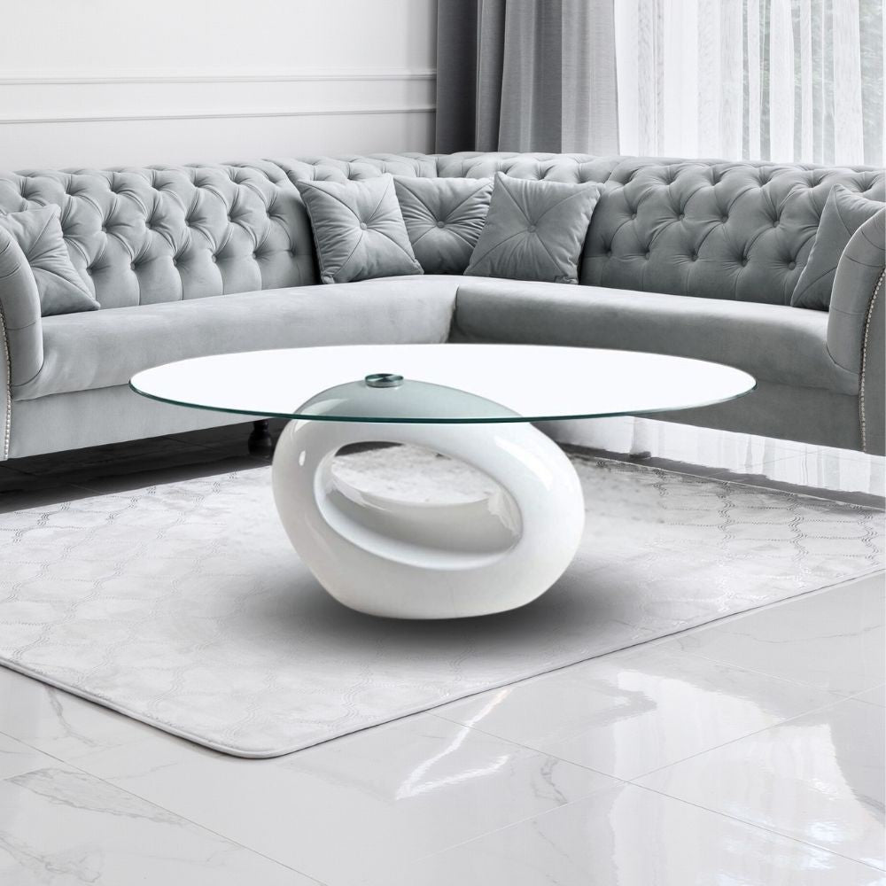 Tavolino da salotto con piano in vetro ovale e struttura bianco lucido 115x65x40 Miranda