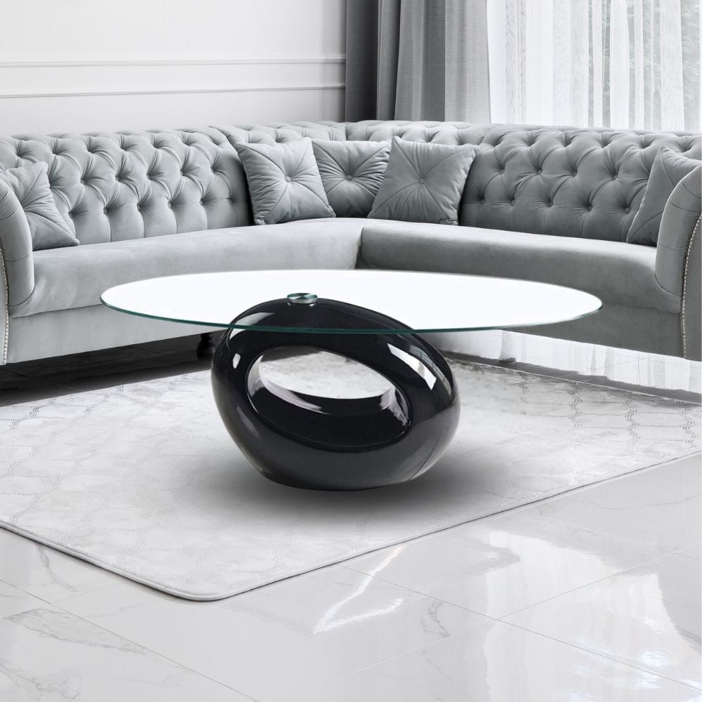 Tavolino da salotto con piano in vetro ovale e struttura nero lucido 115x65x40 Miranda