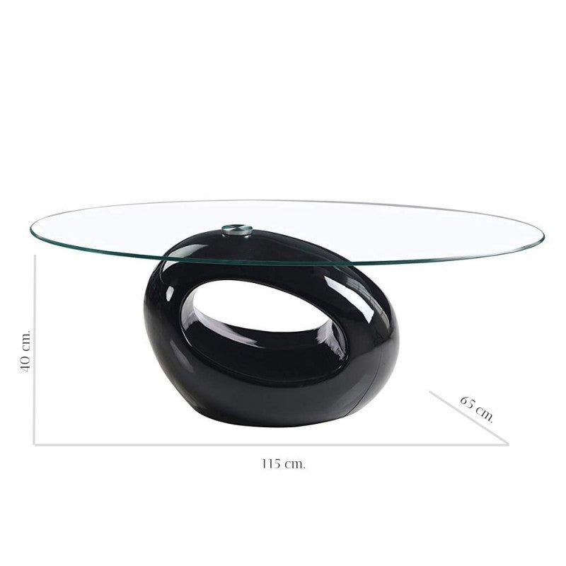 Tavolino da salotto con piano in vetro ovale e struttura nero lucido 115x65x40 Miranda
