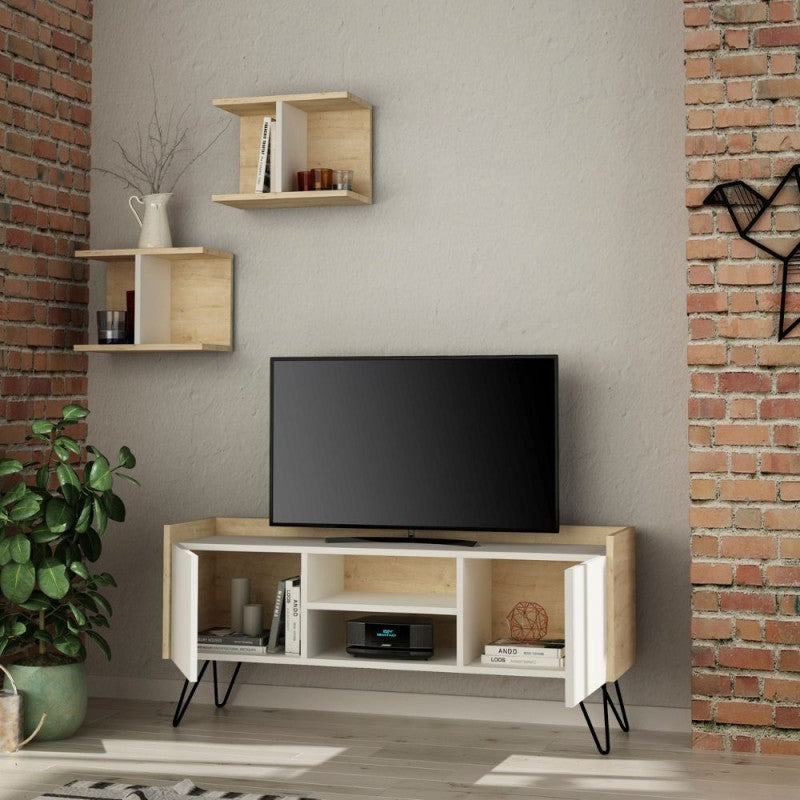 Porta TV bianco e struttura rovere con 2 ante Klappe 125,5x33x56,5