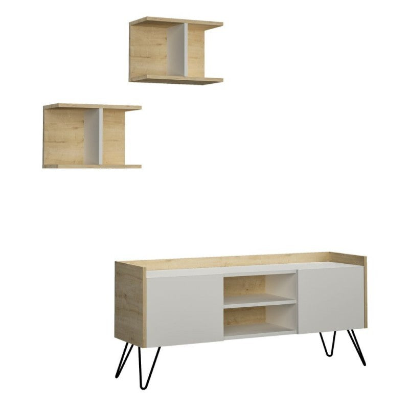Porta TV bianco e struttura rovere con 2 ante Klappe 125,5x33x56,5