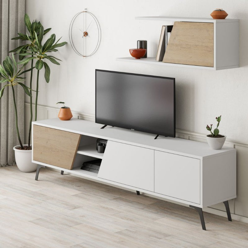 Porta TV bianco rovere Fiona 180X35,6X48 con mensola a parete