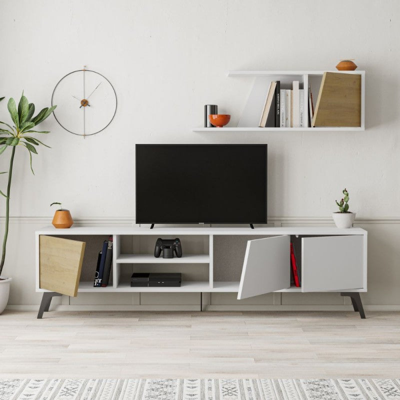 Porta TV bianco rovere Fiona 180X35,6X48 con mensola a parete