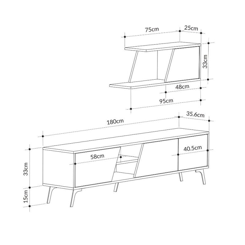 Porta TV bianco rovere Fiona 180X35,6X48 con mensola a parete